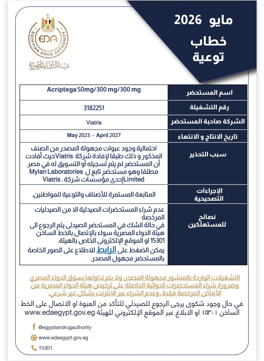 هيئة الدواء  المصرية تحذر من مستحضر Acriptega مجهول المصدر