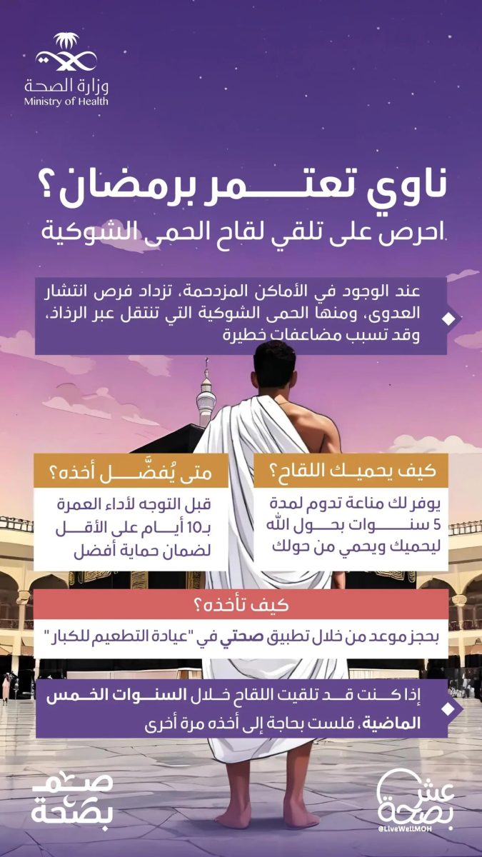 وزارة الصحة تؤكد أهمية التطعيم ضد الحمى الشوكية قبل أداء العمرة