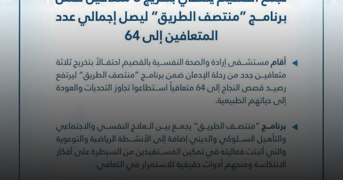 تجمّع القصيم الصحي يحتفي بتخريج 3 متعافين من الإدمان ضمن برنامج "منتصف الطريق"