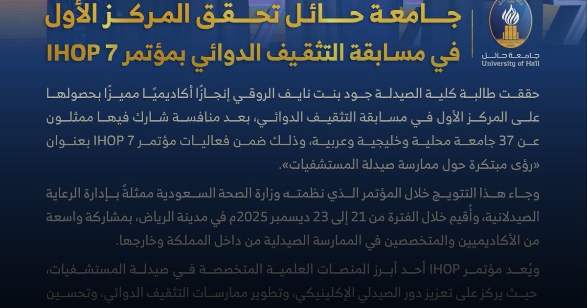 جامعة حائل تفوز بالمركز الأول في مسابقة التثقيف الدوائي بمؤتمر IHOP7